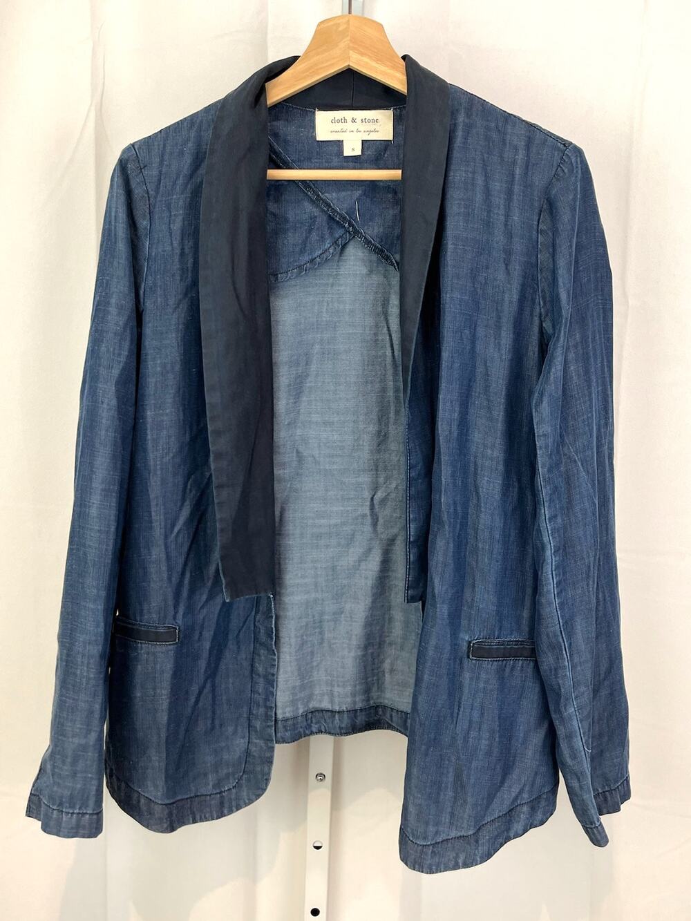 CLOTH & STONE Size S Open Front Blazer Jacket Tencel Chambray Indigo Blue